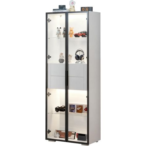 CHICFURN Vitrina 60 x 40 x 160 cm de MDF blanco, vidrio templado, LED y 2 cajones (1/5)