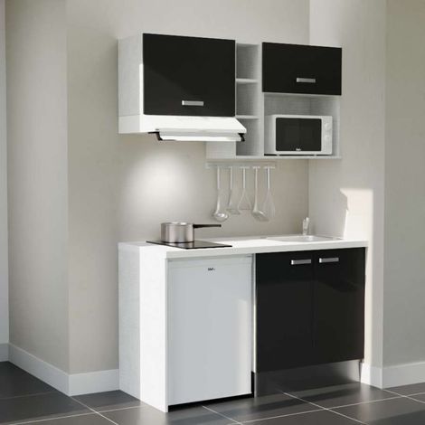 Kitchenette 140 cm K13 Noir - Plan de travail Blanc - Crédence : Non - avec plaque, hotte, micro-ondes et frigo Blanc (1/5)