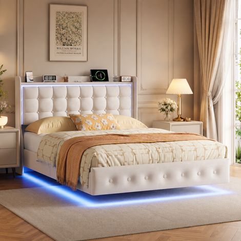 Lit capitonné 140×200 cm,lumière LED et port USB,lit double,espace de rangement dans la tête de lit,cadre de lit 140×200,effet flottant,style moderne,sommier à lattes,lit adulte,Velours,Beige (1/5)