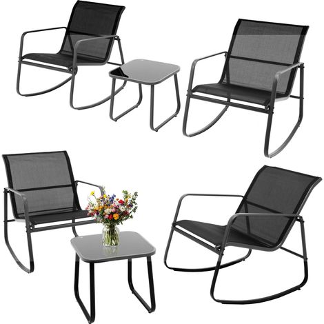 Gartenmöbelset: 2 Sessel, Textilene-Schaukelstühle, Glastisch