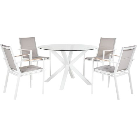 Conjunto de jardín de 4 plazas mesa de aluminio con tablero vidrio transparente sillas blanco Maletto/Busseto (1/5)