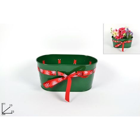 Cesto in Metallo Decorativo Natale Natalizio Verde con Nastro 23 x 11 cm