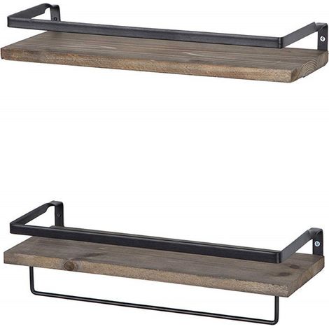 Barres de serviette de bain, 2 pièces étagères flottantes étagère porte-épices étagère de rangement de shampoing avec barre de serviette étagère de salle de bain accessoires de cuisine (Dark wood colo (1/3)