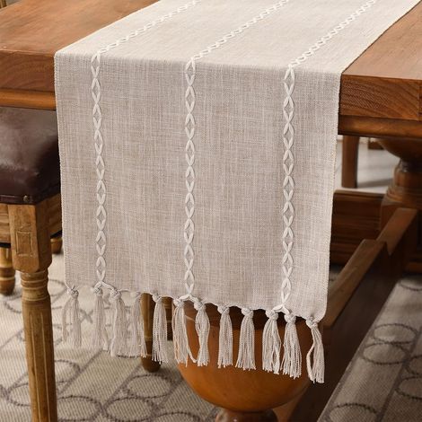 Tischläufer im Landhausstil, 180 cm, aus Baumwoll-Leinen-Mischgewebe, mit handgefertigten Quasten, für Partys und Esszimmerdekorationen (Helles Café-Design, 180 cm) (1/5)