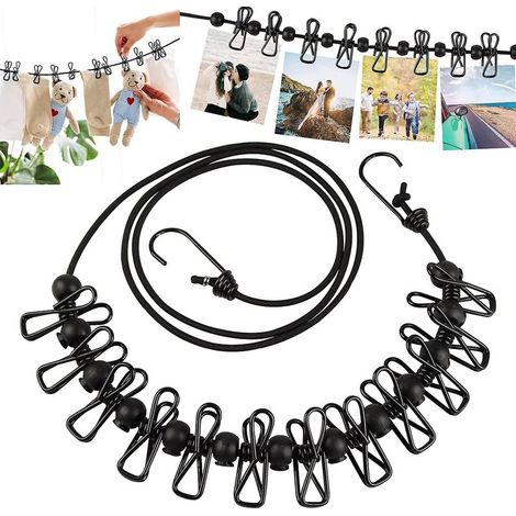 Étendoir à linge portable d'extérieur avec 12 pinces pour le camping et les voyages (noir) (1/5)