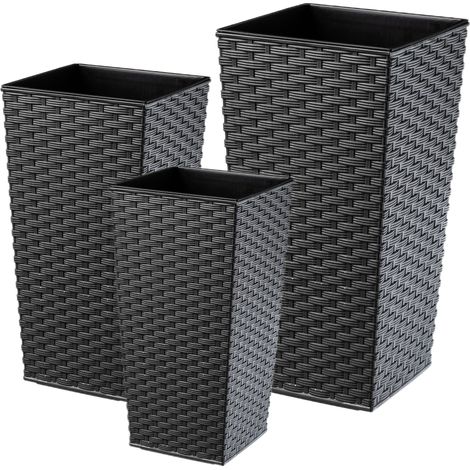 Kadax – Lot de 3 pots de fleurs en plastique rotin graphite – Résistants aux intempéries – Pour intérieur et extérieur – Dimensions 36/46,5/57 cm - K4554