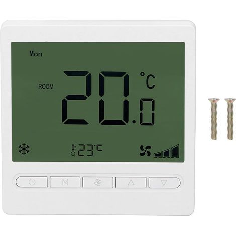 1 thermostat pour ventilo-convecteur, écran LCD, tension 220 V, plage 5 à 35 °C, boîtier ABS, usage bureaux et hôtels (1/5)