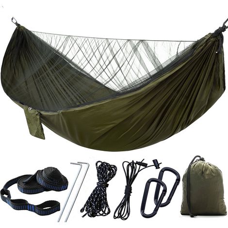 Amaca da campeggio con zanzariera, amaca da esterno per 2 persone, capacità di carico di 300 kg, nylon da paracadute ultraleggero ad asciugatura rapida, adatta per il campeggio all'aperto (verde, 290