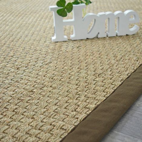Décoweb – Tapis jonc de mer tissé 4x4 – Ganse coton marron – 140 x 200 cm – Antistatique et compatible chauffage au sol (1/5)