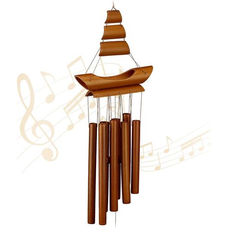 Campana de viento de bambú - Diseño de velero - Decoración para interiores y exteriores - Marrón (1/5)