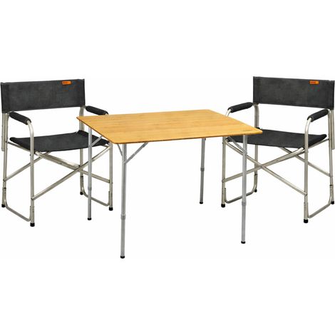 PACK SOPLAIR Table 2 personnes pieds rabattables + 2 Fauteuils Director Bahia Camping Car