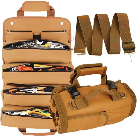 Sac à outils enroulable, organiseur vide et robuste avec 2 petites pochettes, sac à outils de transport enroulable pour papa, homme, mécanicien, cadeau d'anniversaire (marron)
