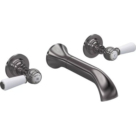 Hudson Reed White Topaz Lever 3-Hole Basin Mixer Tap Wall Mounted - Brushed Pewter (1/2)