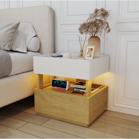 Table de chevet à 2 tiroirs avec charge sans fil, LED, blanc et bois naturel HAVRYA (1/5)