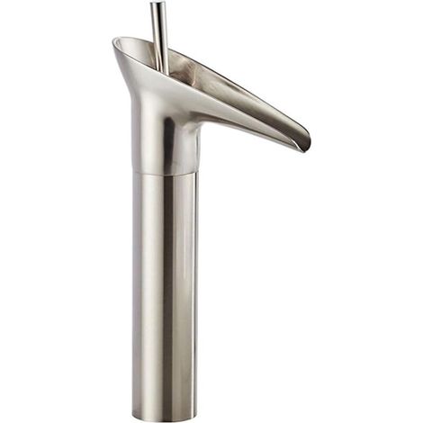 Robinet de lavabo cascade à poignée unique, montage sur plage, robinet de lavabo vasque monotrou, pour eau chaude et froide(Nickel brossé, haut) (1/5)