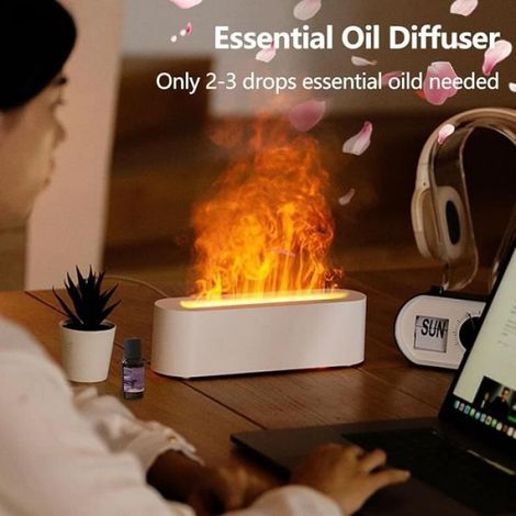Diffuseur Huiles Essentielles - Effet Flamme - LED 7 Couleurs - Humidificateur Aromathérapie - 300 ml - Blanc (1/4)
