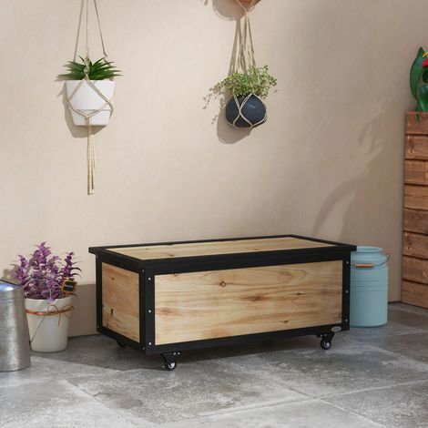 Boîte de rangement de jardin - bois naturel - étanche - charnières métalliques - 100x50x43 cm - 2 roues - 121 litres - Qualité