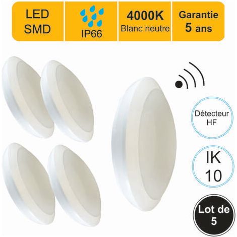 [JAMAIS UTILISÉ] Lot de 5 appliques d'extérieur Hublot LED à détecteur HF (mouvements et crépusculaire) 16W 1500 LM 4000K IP66 IK10 + mode veille - garantie 5 ans