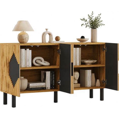 Buffet avec 2 Portes Sans Poignées, 4 Compartiments, en MDF et Panneaux de Particules, 140 x 40 x 70 cm, Naturel Noir (1/5)