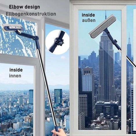 Kit de nettoyage de vitres télescopique 120 cm raclette 3 en 1 avec manche tête pivotante à 180 degrés lavette en microfibre et brosse pour fenêtres et cadres en hauteur bleu (1/5)
