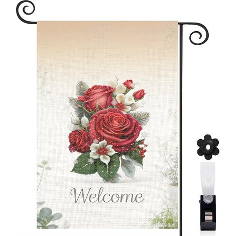 Drapeau de jardin roses rouges et baies rouges 30 x 45 cm décoration extérieure et cour (1/5)
