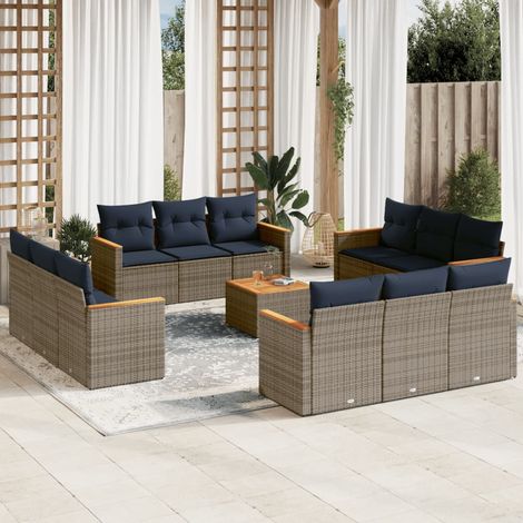 Salon de jardin modulable 13 pièces en rotin PE gris avec coussins bleu marine - PANGIVO (1/5)