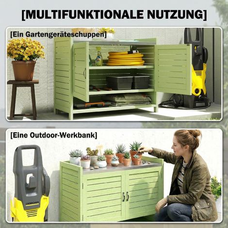 Table de jardin en bois avec caisson de rangement, meuble d'extérieur à plan de travail galvanisé, 3 tablettes, 88 x 40 x 70,5 cm, teinte verte