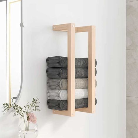 Porte-serviettes mural avec étagère en pin massif non traité 23 x 18 x 60 cm - PANGIVO (1/5)