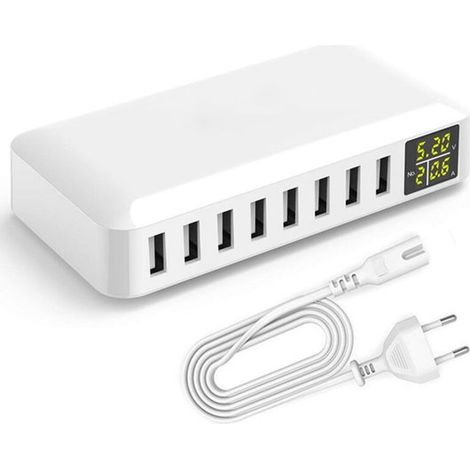Cargador USB inteligente de 8 puertos, concentrador multipuerto de 50 W y 8 A con pantalla LCD, carga rápida, cable de alimentación de 1,20 m, enchufe europeo.
