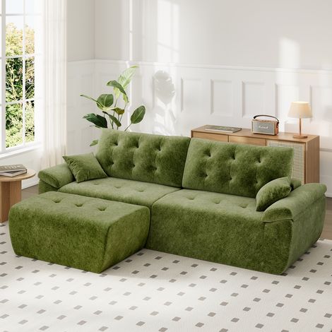 Canapé modulable en chenille vert mousse haute densité avec pouf,Canapé salon 275cm style nuage confortable,Compressé sans montage (1/5)