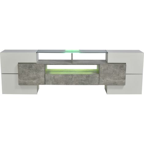 Meuble TV élégant, lowboard blanc brillant, 200 cm, éclairage LED, meuble de salon, design moderne, surface en verre élégante (1/5)