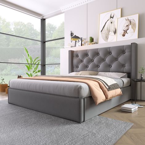 Lit coffre 160x200 cm capitonné relevable avec tête de lit rembourrée, grand rangement intégré, cadre en bois et métal, gris, style rétro pour chambre parentale - CHICFURN (1/5)