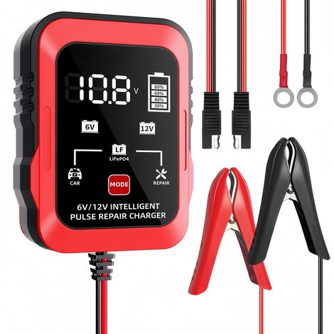 6V 12V RougeChargeur de batterie de voiture ultra-mince 6V/12V, type de réparation de batterie de moto 12V (1/4)