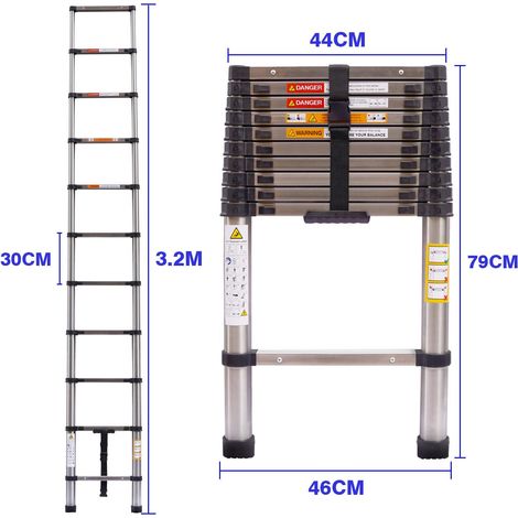 Verlängerungsleiter, 3,2 m Edelstahl-Mehrzweckleiter für den täglichen Haushalt oder Hobbys, 150 kg Tragfähigkeit, 30 cm Sprossenabstand, Teleskopleiter EN131,10.5F (1/5)