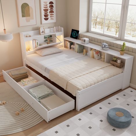 Cama individual con almacenaje y 2 luces de carga OKMYHOME (1/5)
