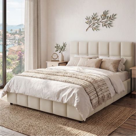 Lit rembourré, sommier lattes, bois, acier, sable velours 133x220x93cm (1/5)