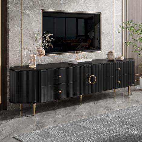 Meuble TV bas 180 cm, Banc Télé Lowboard, Structure en Vagues 3D et Bords Arrondis avec Tiroirs et Portes, Design Moderne pour Salon, Noir (1/5)