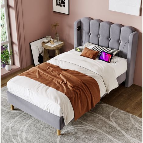 Polsterbett 90x200 Bettgestell mit USB Typ C Leinen Grau OKMYHOME (1/5)