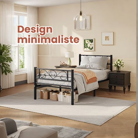 Cadre de lit simple Cadre de lit en métal, convient à matelas de 90 x 190 cm, pour enfants adultes, sans ressort de boîte nécessaire, montage facile, pour les petits espaces, Noir (1/5)