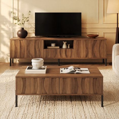 TV-Möbel und passender Couchtisch mit Stauraum, MDF in Naturfarbe, Wellenmuster HAVRYA (1/5)