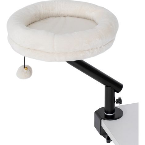 Lit de bureau pour chat rotatif 360°, hauteur réglable, coussin amovible et lavable en machine, adapté aux chats jusqu’à 6 kg, idéal pour domicile ou bureau, couleur crème (1/5)