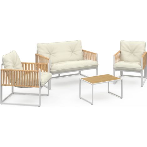 Idmarket – Salon de jardin bas 4 places – Structure métal blanc – Coussins beige épais – Accoudoirs en polyrotin clair – Table basse L.65 x l.42 x H.35 cm
