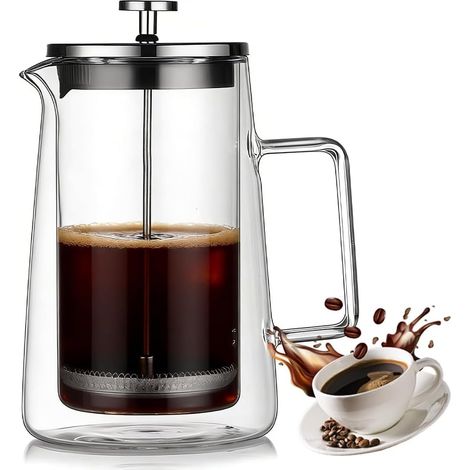French Press Portable Double Wall Glass French Press 1000ml Coffee Maker with Stainless Steel Filter and Heat Resistant Glass, Cold Coffee Maker, Travel Press for Tea (1/5)