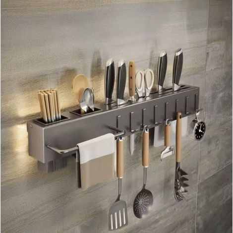 Étagère murale de cuisine suspendue en acier inoxydable, 50 cm, pour fixer au mur, organiseur pour épices et bloc à couteaux, en métal gris, pour cuisson et rangement cuisine (1/5)