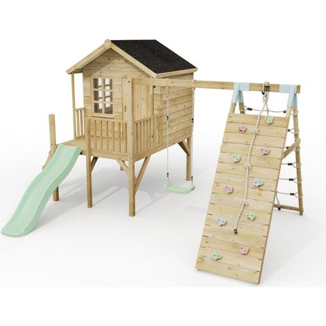 ClassicPlay Premium 5ft Playhouse on Deck with Single Swing, Slide and Climbing Wall Mint Green (1/5)