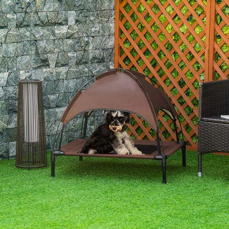 PawHut Cuccia rialzata per cani con baldacchino, lettino per animali domestici, sdraio da esterno per cani con tetto, traspirante, tessuto in taffetà per campeggio, colore caffè, 76 x 61 x 73 cm