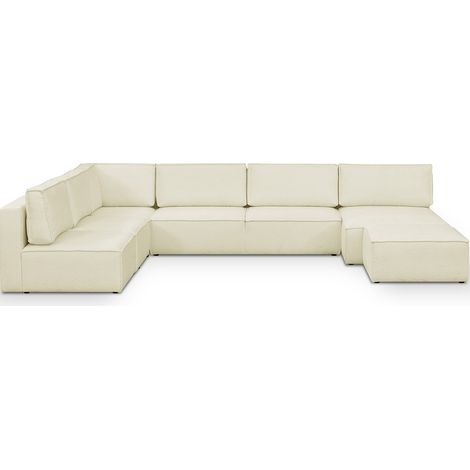 Canapé d'angle à gauche panoramique modulable convertible 10 places avec pouf en tissu bouclé écru - Harper Mod (1/5)