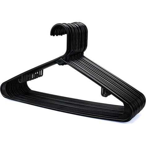 Perchas de plástico negras (paquete de 20), resistentes, para percheros, armarios y vestidores, con barra para pantalones y pinzas, ahorran espacio, 40 cm de ancho. (1/4)
