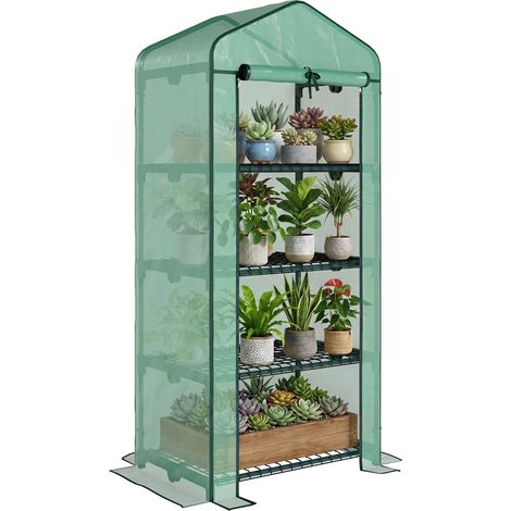 Serre en aluminium, mini-serre, châssis froid, 4 étagères, 70 x 50 x 160 cm, vert foncé