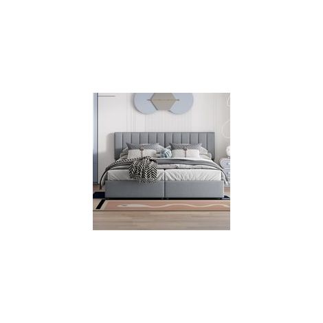 Lit coffre 180x200 cm, lit adulte avec espace de rangement, tissu en Lin gris, sans matelas (1/5)
